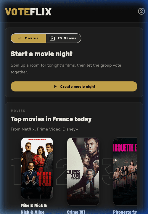 VoteFlix app with curated movie browsing controls for group voting
